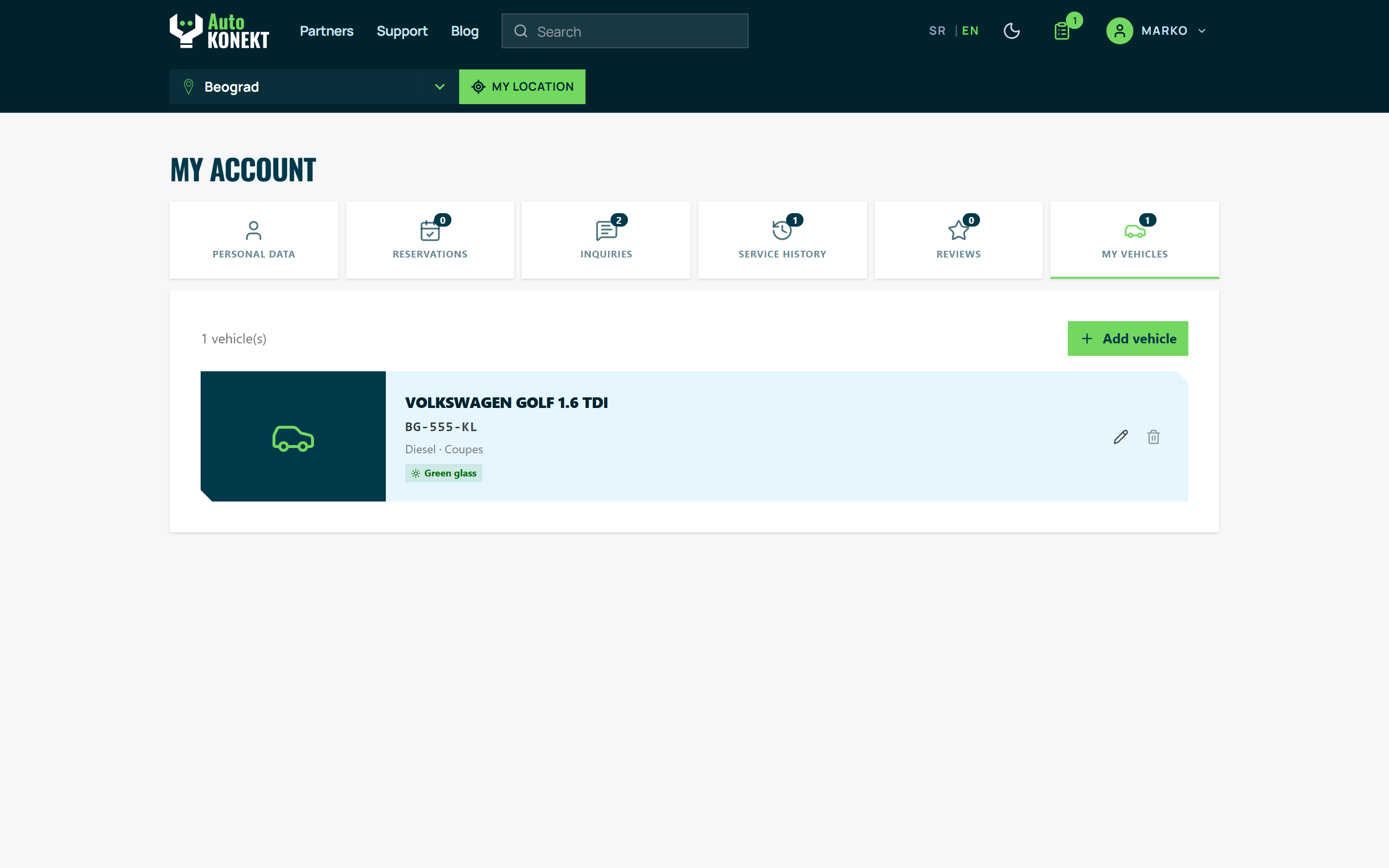 AutoKonekt My Vehicles — service history per vehicle in one timeline