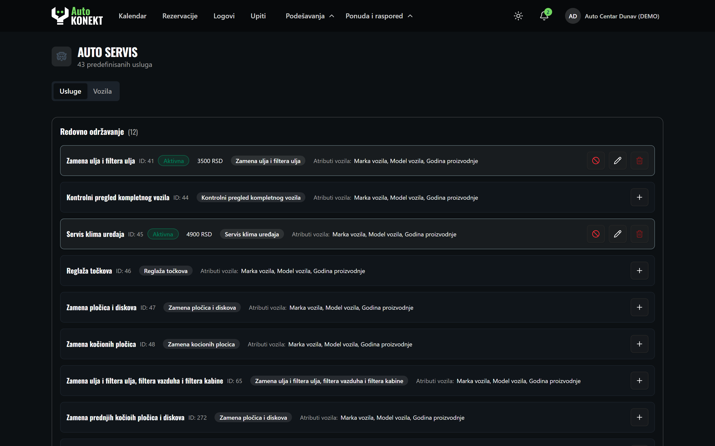 AutoKonekt services management — the partner controls their own offer and prices