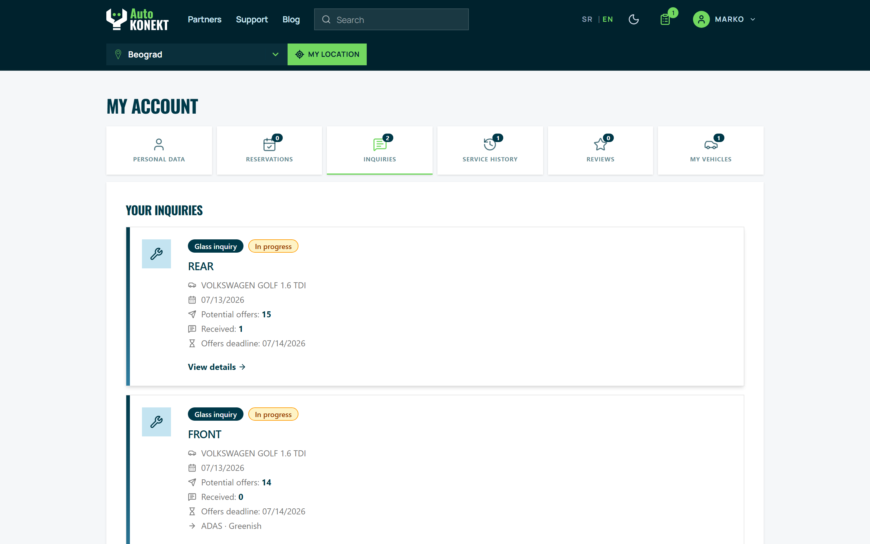 AutoKonekt queries — one request for parts or glass, offers from multiple services