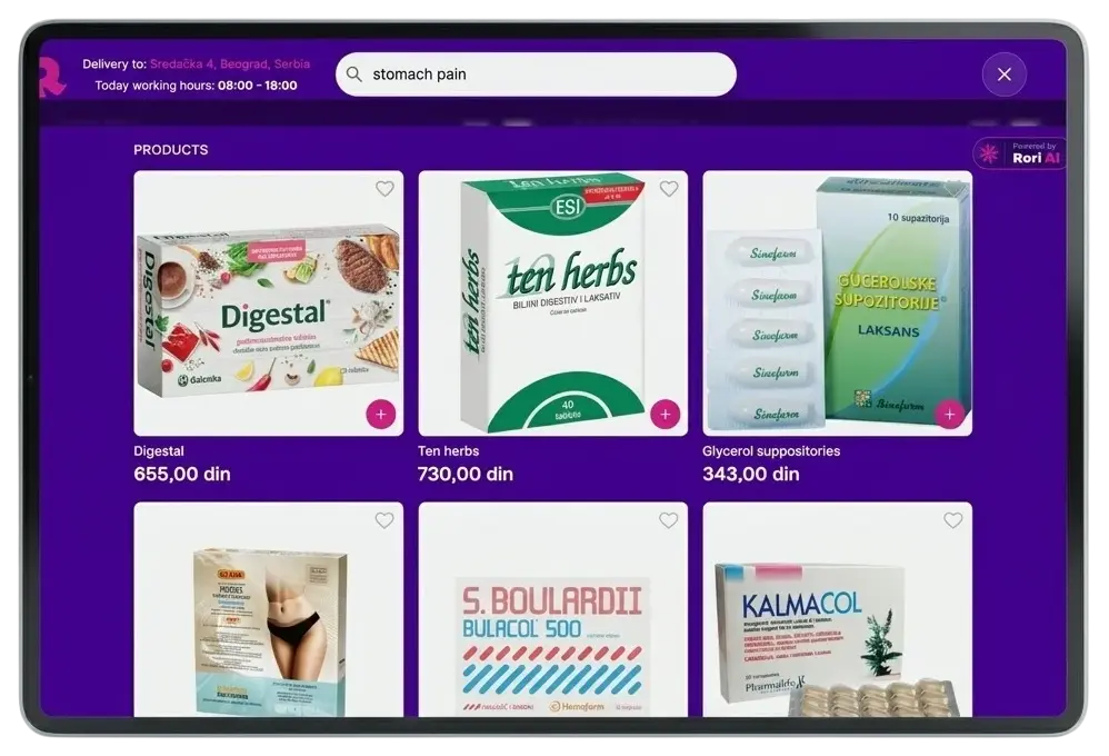 Rori AI search on a tablet — natural language query returning relevant products