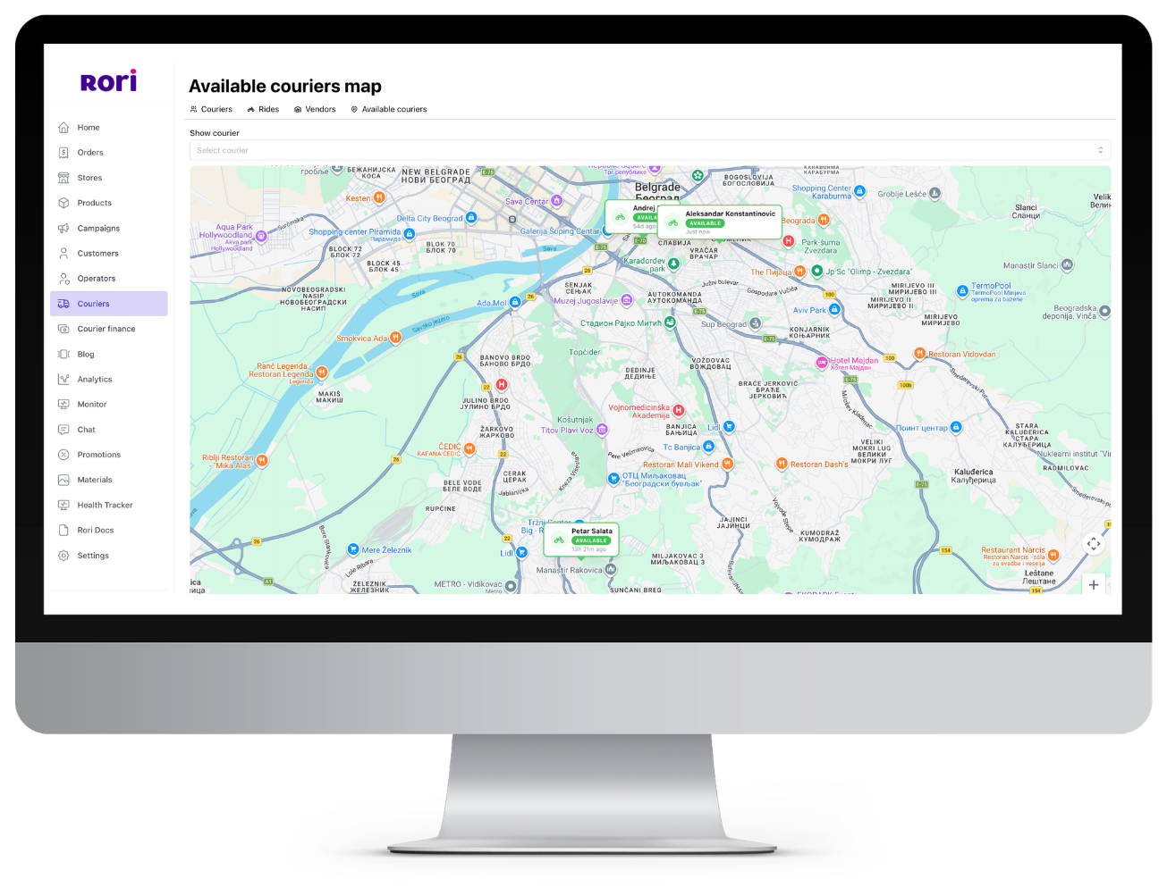 Rori available couriers map on an iMac — live positions of all drivers across the city