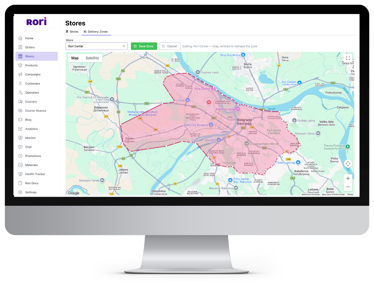 Rori Stores delivery-zone editor on iMac — your delivery polygon drawn over the city map