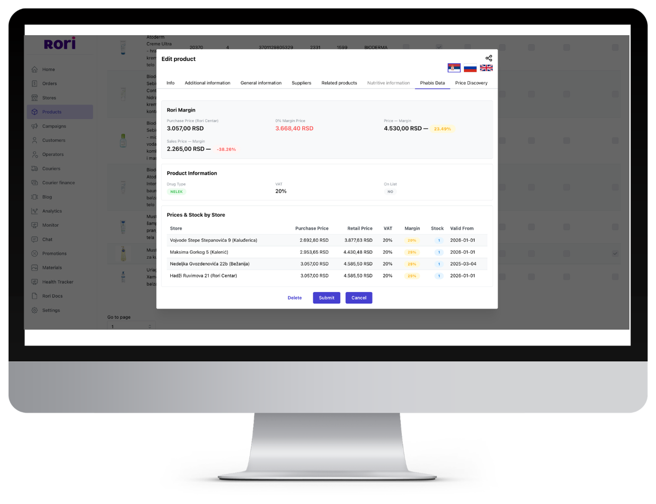 Rori admin on iMac with the Edit Product dialog open — Rori margin, purchase price, retail price, VAT, and per-store stock and prices synced live from the ERP