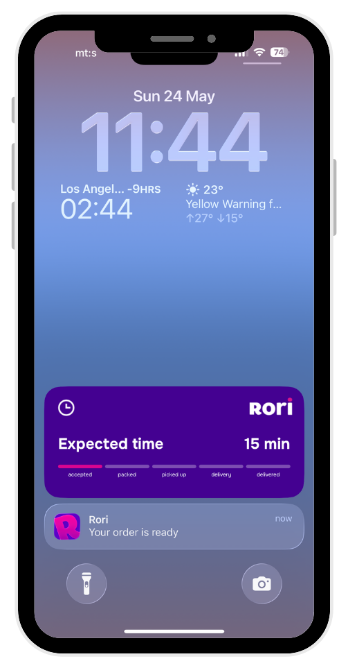 iPhone lock screen with Rori live activity widget — expected delivery time and order-ready notification